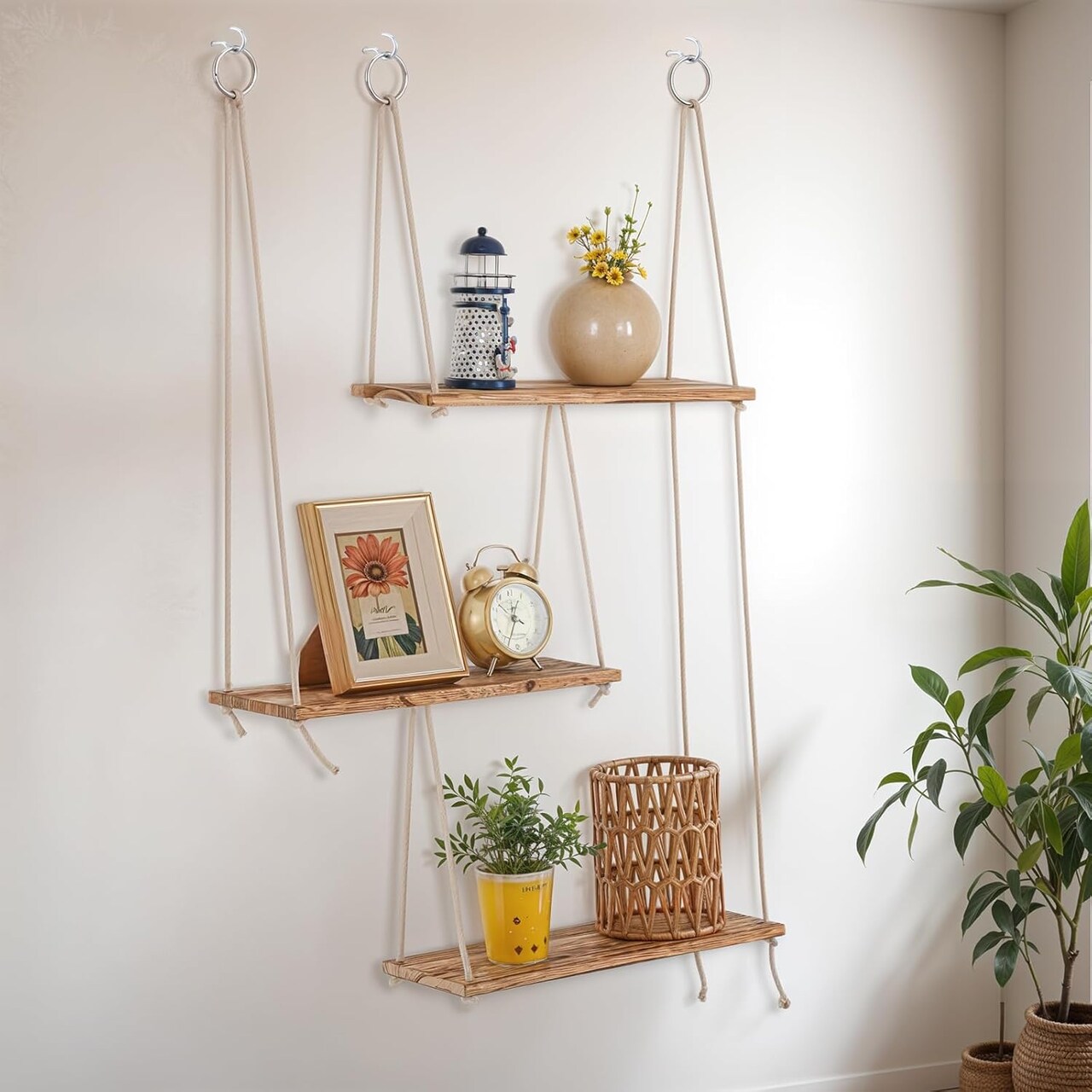 Boho Wall Shelves for Plants - 3 Tier Macrame Wall Hanging Shelves